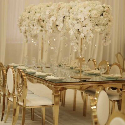 Luxury Hotel Wedding Table And Chairs Stainless Steel Leg With Morrored Top