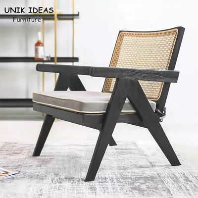 قیمت خوب Black Solid Wood Rattan Back Armchair Living Room Balcony Lounge Chair آنلاین