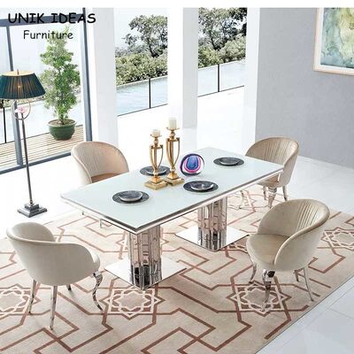 قیمت خوب Luxury Glass Dining Room Table Set 6 Chairs With Metal Leg Chrome آنلاین