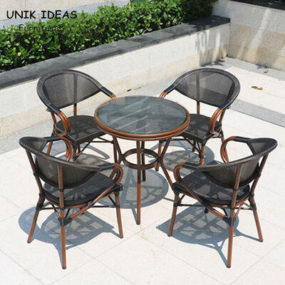 قیمت خوب Woven Black Stackable Outdoor Dining Chairs Mesh Frame Aluminum Restaurant 83cm آنلاین