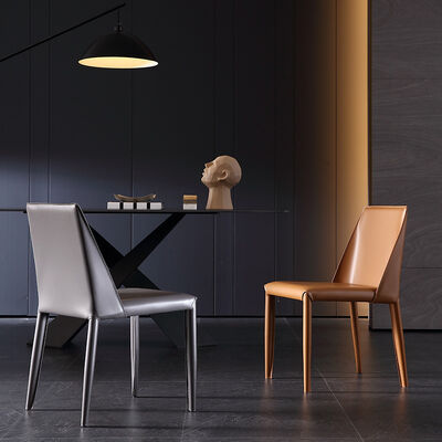 قیمت خوب Black Minimalist Dining Chair Saddle Brown Leather Dining Chairs 50cm Seat Height آنلاین