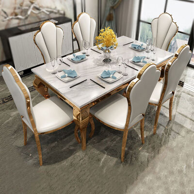 قیمت خوب White Marble Dining Table And Chairs Set Stainless Steel Rectangle آنلاین