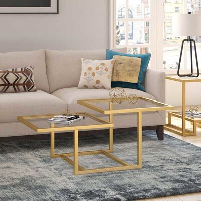 قیمت خوب Geometric Tempered Glass Coffee Tables Gold Stainless Steel Frame For Home Hotel آنلاین